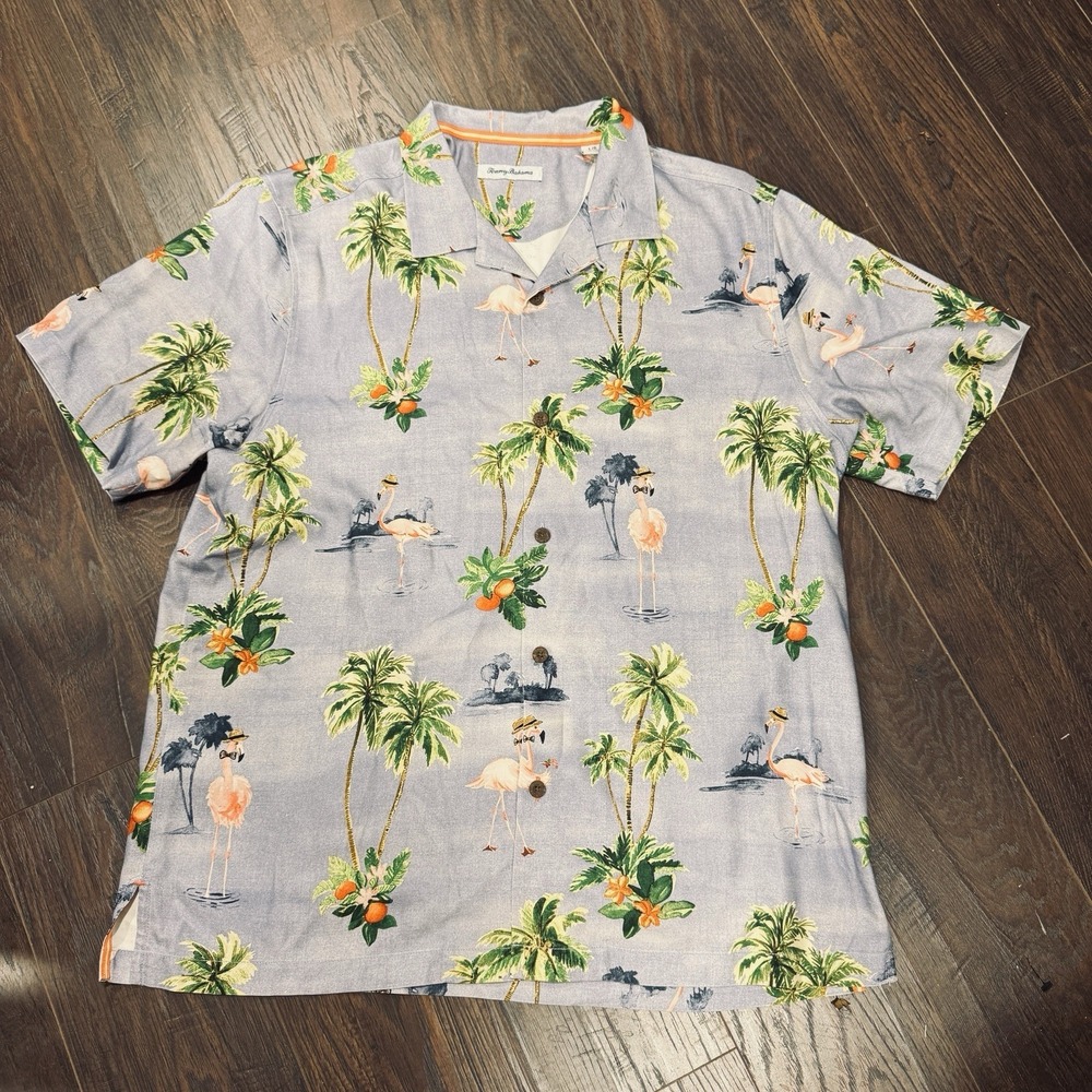 Vintage Tommy Bahama 100% Silk Hawaiian Shirt Large Pelican Blue Floral Camp